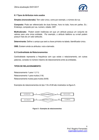 Última atualização 05/01/2017
9
Prof. Rogério Fernandes
rogerio@nrsystem.com
6.1 Tipos de Atributos mais usados
Simples (monovalorado): Tem valor único, como por exemplo, o número da rua.
Composto: Pode ser referenciado de duas formas, hora no todo, hora em partes. Ex.:
Endereço, composto por rua, numero, cidade, CEP.
Multivalorado: Podem existir instâncias em que um atributo possua um conjunto de
valores para uma única entidade. Por exemplo, o atributo telefone ou e-mail podem
possuir mais de um valor atribuído.
Determinante: Define o campo que será a chave primária na tabela. Identificador único.
OBS. Existem ainda os atributos: nulo e derivado.
6.2 Cardinalidade de Relacionamentos
Cardinalidade representa a frequência com que existe o relacionamento, em outras
palavras, consiste no número máximo de relacionamento entre as entidades.
TIPOS DE RELACIONAMENTO:
Relacionamento 1 para 1 (1:1)
Relacionamento 1 para muitos (1:N)
Relacionamento muitos para muitos (N:M)
Exemplos de relacionamentos do tipo 1:N e N:M são mostrados na figura 5.
Figura 5 – Exemplos de relacionamentos
 