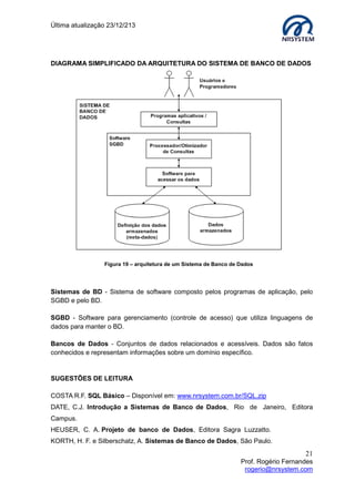 Última atualização 23/12/213

DIAGRAMA SIMPLIFICADO DA ARQUITETURA DO SISTEMA DE BANCO DE DADOS

Figura 19 – arquitetura de um Sistema de Banco de Dados

Sistemas de BD - Sistema de software composto pelos programas de aplicação, pelo
SGBD e pelo BD.
SGBD - Software para gerenciamento (controle de acesso) que utiliza linguagens de
dados para manter o BD.
Bancos de Dados - Conjuntos de dados relacionados e acessíveis. Dados são fatos
conhecidos e representam informações sobre um domínio específico.

SUGESTÕES DE LEITURA
COSTA R.F. SQL Básico – Disponível em: www.nrsystem.com.br/SQL.zip
DATE, C.J. Introdução a Sistemas de Banco de Dados, Rio de Janeiro, Editora
Campus.
HEUSER, C. A. Projeto de banco de Dados, Editora Sagra Luzzatto.
KORTH, H. F. e Silberschatz, A. Sistemas de Banco de Dados, São Paulo.

21
Prof. Rogério Fernandes
rogerio@nrsystem.com

 