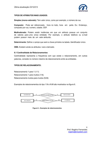 Última atualização 23/12/213

TIPOS DE ATRIBUTOS MAIS USADOS:
Simples (mono-valorado): Tem valor único, como por exemplo, o número da rua.
Composto: Pode ser referenciado, hora no todo, hora
composto por rua, numero, cidade, CEP.

em

parte. Ex.: Endereço,

Multivalorado: Podem existir instâncias em que um atributo possua um conjunto
de valores para uma única entidade. Por exemplo, o atributo telefone ou e-mail
podem possuir mais de um valor atribuído.
Determinante: Define o campo que será a chave primária na tabela. Identificador único.
OBS. Existem ainda os atributos: nulo e derivado.
6.1 Cardinalidade de Relacionamentos
Cardinalidade representa a frequência com que existe o relacionamento, em outras
palavras, consiste no número máximo de relacionamento entre as entidades.
TIPOS DE RELACIONAMENTO:
Relacionamento 1 para 1 (1:1)
Relacionamento 1 para muitos (1:N)
Relacionamento muitos para muitos (N:M)
Exemplos de relacionamentos do tipo 1:N e N:M são mostrados na figura 6.

Figura 6 – Exemplos de relacionamentos

9
Prof. Rogério Fernandes
rogerio@nrsystem.com

 