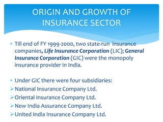 Till end of FY 1999-2000, two state-run insurance
companies, Life Insurance Corporation (LIC); General
Insurance Corporation (GIC) were the monopoly
insurance provider in India.
 Under GIC there were four subsidiaries:
National Insurance Company Ltd.
Oriental Insurance Company Ltd.
New India Assurance Company Ltd.
United India Insurance Company Ltd.
ORIGIN AND GROWTH OF
INSURANCE SECTOR
 
