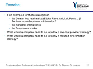 Exercise:
•  Find examples for these strategies in
-  the German food retail market (Edeka, Rewe, Aldi, Lidl, Penny ... )?
Are there any niche players in this market?
-  the market for smart phones
-  the European car market
•  What would a company need to do to follow a low-cost provider strategy?
•  What would a company need to do to follow a focused differentiation
strategy?
Fundamentals of Business Administration • WS 2014/15 • Dr. Thomas Dirksmeyer 22
 