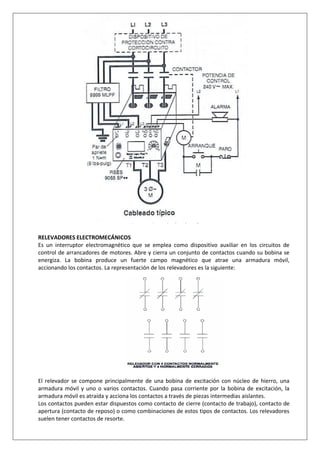 RELEVADORES ELECTROMECÁNICOS
Es un interruptor electromagnético que se emplea como dispositivo auxiliar en los circuitos de
control de arrancadores de motores. Abre y cierra un conjunto de contactos cuando su bobina se
energiza. La bobina produce un fuerte campo magnético que atrae una armadura móvil,
accionando los contactos. La representación de los relevadores es la siguiente:
El relevador se compone principalmente de una bobina de excitación con núcleo de hierro, una
armadura móvil y uno o varios contactos. Cuando pasa corriente por la bobina de excitación, la
armadura móvil es atraída y acciona los contactos a través de piezas intermedias aislantes.
Los contactos pueden estar dispuestos como contacto de cierre (contacto de trabajo), contacto de
apertura (contacto de reposo) o como combinaciones de estos tipos de contactos. Los relevadores
suelen tener contactos de resorte.
 