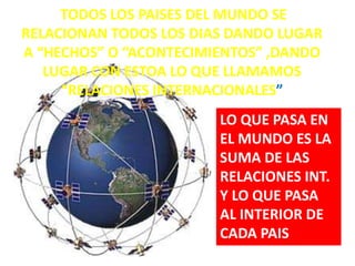 TODOS LOS PAISES DEL MUNDO SE RELACIONAN TODOS LOS DIAS DANDO LUGAR A “HECHOS” O “ACONTECIMIENTOS” ,DANDO LUGAR CON ESTOA LO QUE LLAMAMOS “RELACIONES INTERNACIONALES”LO QUE PASA EN EL MUNDO ES LA SUMA DE LAS RELACIONES INT. Y LO QUE PASA AL INTERIOR DE CADA PAIS