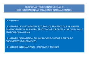DISCIPLINAS TRADICIONALES DE LAS RI(QUE ESTUDIARON LAS RELACIONES INTERNACIONALES)LA HISTORIA:LA HISTORIA DE LOS TRATADOS: ESTUDIO LOS TRATADOS QUE SE HABIAN FIRMADO ENTRE LAS PRINCIPALES POTENCIAS EUROPEAS Y LAS CAUSAS QUE PROPICIARON LA FIRMALA HISTORIA DIPLOMATICA: ENUMERACION DE DATOS A PARTIR DE DOCUMENTOS DIPLOMATICOSLA HISTORIA INTERNACIONAL: RENOUVIN Y TOYNBEE