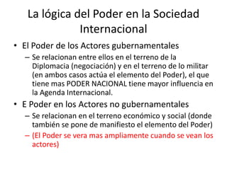 La lógica del Poder en la Sociedad InternacionalEl Poder de los Actores gubernamentalesSe relacionan entre ellos en el terreno de la Diplomacia (negociación) y en el terreno de lo militar (en ambos casos actúa el elemento del Poder), el que tiene mas PODER NACIONAL tiene mayor influencia en la Agenda Internacional.E Poder en los Actores no gubernamentalesSe relacionan en el terreno económico y social (donde también se pone de manifiesto el elemento del Poder)(El Poder se vera mas ampliamente cuando se vean los actores)