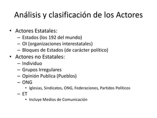 Análisis y clasificación de los ActoresActores Estatales:Estados (los 192 del mundo)OI (organizaciones interestatales)Bloques de Estados (de carácter político)Actores no Estatales:IndividuoGrupos IrregularesOpinión Publica (Pueblos)ONGIglesias, Sindicatos, ONG, Federaciones, Partidos PolíticosETIncluye Medios de Comunicación