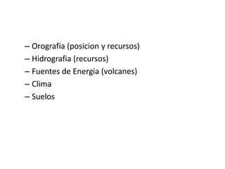 Orografia (posicion y recursos)Hidrografia (recursos)Fuentes de Energia (volcanes)ClimaSuelos 
