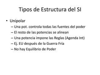 Tipos de Estructura del SIUnipolarUna pot. controla todas las fuentes del poderEl resto de las potencias se alineanUna potencia impone las Reglas (Agenda Int)Ej. EU después de la Guerra FríaNo hay Equilibrio de Poder