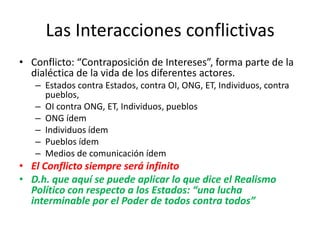 Las Interacciones conflictivasConflicto: “Contraposición de Intereses”, forma parte de la dialéctica de la vida de los diferentes actores. Estados contra Estados, contra OI, ONG, ET, Individuos, contra pueblos, OI contra ONG, ET, Individuos, pueblos ONG ídemIndividuos ídemPueblos ídemMedios de comunicación ídemEl Conflicto siempre será infinitoD.h. que aquí se puede aplicar lo que dice el Realismo Político con respecto a los Estados: “una lucha interminable por el Poder de todos contra todos”