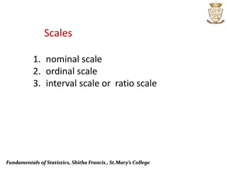 Fundamentals of Statistics, Shitha Francis , St.Mary’s College
Scales
1. nominal scale
2. ordinal scale
3. interval scale or ratio scale
 