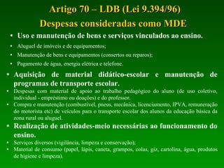 Aquisição de material didático-escolar e manutenção de programas de transporte escolar. Despesas com material de apoio ao trabalho pedagógico do aluno (de uso coletivo, individual - empréstimo ou doações) e do professor. Compra e manutenção (combustível, pneus, mecânica, licenciamento, IPVA, remuneração do motorista etc) de veículos para o transporte escolar dos alunos da educação básica da zona rural ou aluguel. Realização de atividades-meio necessárias ao funcionamento do ensino. Serviços diversos (vigilância, limpeza e conservação); Material de consumo (papel, lápis, caneta, grampos, colas, giz, cartolina, água, produtos de higiene e limpeza). Artigo 70 – LDB (Lei 9.394/96) Despesas consideradas como MDE   Uso e manutenção de bens e serviços vinculados ao ensino. Aluguel de imóveis e de equipamentos; Manutenção de bens e equipamentos (consertos ou reparos); Pagamento de água, energia elétrica e telefone. 