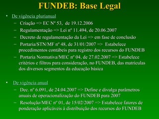 FUNDEB: Base Legal De vigência plurianual   Criação => EC Nº 53,  de 19.12.2006 Regulamentação => Lei nº 11.494, de 20.06.2007 Decreto de regulamentação da Lei => em fase de conclusão Portaria/STN/MF nº 48, de 31/01/2007 =>  Estabelece procedimentos contábeis para registro dos recursos do FUNDEB  Portaria Normativa/MEC nº 04, de 27.02.2007 => Estabelece critérios e filtros para consideração, no FUNDEB, das matrículas dos diversos segmentos da educação básica De vigência anual Dec. nº 6.091, de 24.04.2007 => Define e divulga parâmetros anuais de operacionalização do FUNDEB para 2007 Resolução/MEC nº 01, de 15/02/2007 => Estabelece fatores de ponderação aplicáveis à distribuição dos recursos do FUNDEB  