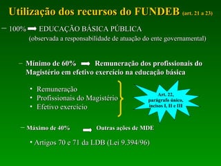 Utilização dos recursos do FUNDEB  (art. 21 a 23) Máximo de 40%  Outras ações de MDE 100%  EDUCAÇÃO BÁSICA PÚBLICA (observada a responsabilidade de atuação do ente governamental) Mínimo de 60%  Remuneração dos profissionais do Magistério em efetivo exercício na educação básica Remuneração Profissionais do Magistério Efetivo exercício Artigos 70 e 71 da LDB (Lei 9.394/96) Art. 22, parágrafo único, incisos I, II e III 
