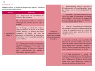 10 
Atividade 10 
Leia atentamente as atribuições apresentadas abaixo e identifique os responsáveis pelas mesmas. 
Órgãos 
Atribuições 
1. Ministério da Educação 
a) ( ) Responsável pela capacitação dos membros dos conselhos. 
b) ( ) Elabora, requisita ou orienta a elaboração de estudos técnicos sobre o Fundeb. 
c) ( ) Divulga as orientações sobre a operacionalização do Fundo e de dados sobre a previsão e os repasses dos valores financeiros do Fundo, por meio de publicação e distribuição de documentos informativos e em meio eletrônico de livre acesso público. 
d) ( ) Fixa anualmente o limite proporcional 
de apropriação de recursos pelas diferentes 
etapas, modalidades e tipos de estabelecimento de ensino da educação básica, especialmente em relação à Educação de Jovens e Adultos. 
2. Comissão Interministerial de Financiamento para 
Educação Básica de Qualidade 
e) ( ) Realiza estudos técnicos com vistas à definição do valor referencial anual por aluno que assegure padrão mínimo de qualidade do ensino. 
f ) ( ) Monitora a aplicação dos recursos dos Fundos, por meio de sistema de informações orçamentárias e financeiras e de cooperação com os Tribunais de Contas dos Estados e Municípios e do Distrito Federal. 
g) ( ) Especifica anualmente as ponderações aplicáveis entre diferentes etapas, modalidades e tipos de estabelecimento de ensino da educação básica, para estabelecimento do valor por aluno/ano. 
h) ( ) Realiza avaliações dos resultados da aplicação da Lei do Fundeb, com vistas à adoção de medidas operacionais e de natureza político-educacional corretivas, devendo a primeira dessas medidas se realizar em até 2 (dois) anos após a implantação do Fundo. 
i) ( ) Fixa anualmente a parcela da complementação da União a ser distribuída para os Fundos por meio de programas direcionados para a melhoria da qualidade da educação básica, bem como respectivos critérios de distribuição dos recursos financeiros.  