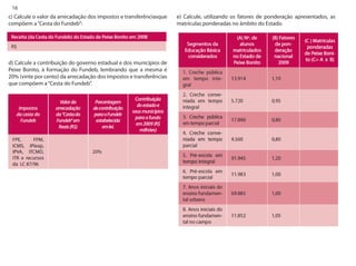 16 
e) Calcule, utilizando os fatores de ponderação apresentados, as matrículas ponderadas no âmbito do Estado. 
c) Calcule o valor da arrecadação dos impostos e transferênciasque compõem a “Cesta do Fundeb”: 
d) Calcule a contribuição do governo estadual e dos municípios de Peixe Bonito, à formação do Fundeb, lembrando que a mesma é 20% (vinte por cento) da arrecadação dos impostos e transferências que compõem a “Cesta do Fundeb”.  