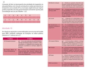 22 
i) Atuação, de fato, no desempenho das atividades de magistério na educação básica, com vínculo contratual em caráter permanente ou temporário com o estado, DF ou município, regido tanto por regime jurídico específico do ente governamental contratante quanto pela Consolidação das Leis do Trabalho – CLT. 
Atividade 19 
Em relação às aquisições a serem efetuadas com recursos do Fundeb para MDE, mediante realização de licitações na esfera pública, relacione a 1ª coluna com a 2ª.  