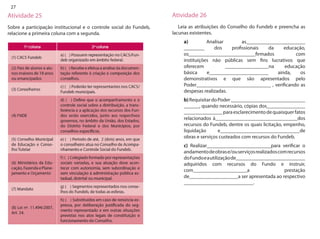 27 
Atividade 25 
Sobre a participação institucional e o controle social do Fundeb, relacione a primeira coluna com a segunda. 
Atividade 26 
Leia as atribuições do Conselho do Fundeb e preencha as lacunas existentes. 
a) Analisar as_______________________ ________ dos profissionais da educação, os__________________________firmados com instituições não públicas sem fins lucrativos que oferecem _________________na educação básica e_______________________ ainda, os demonstrativos e que são apresentados pelo Poder_____________________________ , verificando as despesas realizadas. 
b) Requisitar do Poder _____________________________ ______, quando necessário, cópias dos_______________ _______________ para esclarecimento de quaisquer fatos relacionados à________________________________dos recursos do Fundeb, dentre os quais licitação, empenho, liquidação e_______________________________de obras e serviços custeados com recursos do Fundeb. 
c) Realizar_________________________para verificar o andamento de obras e/ou serviços realizados com recursos do Fundo e a utilização de___________________________ adquiridos com recursos do Fundo e instruir, com_____________________a prestação de___________________a ser apresentada ao respectivo ___________________________.  
