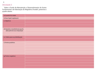 6 
Atividade 5 
Sobre o Fundo de Manutenção e Desenvolvimento do Ensino Fundamental e de Valorização do Magistério (Fundef), preencha o quadro abaixo:  