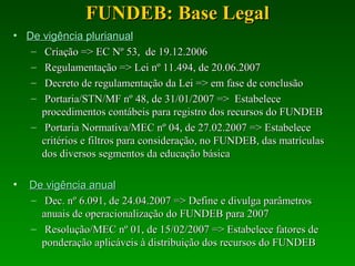 FUNDEB: Base LegalFUNDEB: Base Legal
• De vigência plurianualDe vigência plurianual
– Criação => EC Nº 53, de 19.12.2006Criação => EC Nº 53, de 19.12.2006
– Regulamentação => Lei nº 11.494, de 20.06.2007Regulamentação => Lei nº 11.494, de 20.06.2007
– Decreto de regulamentação da Lei => em fase de conclusãoDecreto de regulamentação da Lei => em fase de conclusão
– Portaria/STN/MF nº 48, de 31/01/2007 => EstabelecePortaria/STN/MF nº 48, de 31/01/2007 => Estabelece
procedimentos contábeis para registro dos recursos do FUNDEBprocedimentos contábeis para registro dos recursos do FUNDEB
– Portaria Normativa/MEC nº 04, de 27.02.2007 => EstabelecePortaria Normativa/MEC nº 04, de 27.02.2007 => Estabelece
critérios e filtros para consideração, no FUNDEB, das matrículascritérios e filtros para consideração, no FUNDEB, das matrículas
dos diversos segmentos da educação básicados diversos segmentos da educação básica
• De vigência anualDe vigência anual
– Dec. nº 6.091, de 24.04.2007 => Define e divulga parâmetrosDec. nº 6.091, de 24.04.2007 => Define e divulga parâmetros
anuais de operacionalização do FUNDEB para 2007anuais de operacionalização do FUNDEB para 2007
– Resolução/MEC nº 01, de 15/02/2007 => Estabelece fatores deResolução/MEC nº 01, de 15/02/2007 => Estabelece fatores de
ponderação aplicáveis à distribuição dos recursos do FUNDEBponderação aplicáveis à distribuição dos recursos do FUNDEB
 