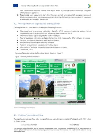 Energy Efficiency Fund: Concept and Creation Plan
This publication has been produced with the assistance of the European Union. The contents of this publication are the sole responsibility of
Ministry of Regional Development, Construction, Housing and Communal Services of Ukraine and can in no way be taken to reflect the views of
the European Union.
then construction company submits final report. Grant is paid directly to construction company,
when project is approved.
6. Repayments. Loan repayments start after the grace period, when actual bill savings are achieved.
Worth mentioning that monthly payments are less than bill savings, which makes EE measures
economically attractive for households.
4.2. Online platform and steps required by the customer
Online platform is a Fund website that has the following features:
 Educational and promotional materials – benefits of EE measures, potential savings, list of
completed projects with results (cost, bill savings, real estate cost, etc.)
 Information about typical projects for each house type
 Tool for quick cost estimation and potential savings of EE measures for different types of houses
 Platform for requests for energy audit and certificates
 Instrument for construction company selection
 Platform for submission requests and tracking status
 Information of available financial products and requests to banks
 Online chat, Q&A
Example of possible online platform interface is shown in Figure 7.
Figure 7. Online platform interface
Source: Working group analysis
4.3. Customer’s potential cash flow
Average household cash flow after energy efficiency project implementation (Package 3, with 2017 rates)
is shown below:
Annual household bill – UAH 14,000
 