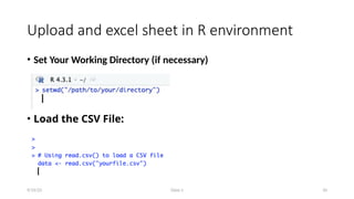 Class-1 10
Upload and excel sheet in R environment
• Set Your Working Directory (if necessary)
• Load the CSV File:
9/15/23
 