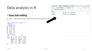 Class-2 21
Data analysis in R
• Data Sub-setting
9/30/23
 