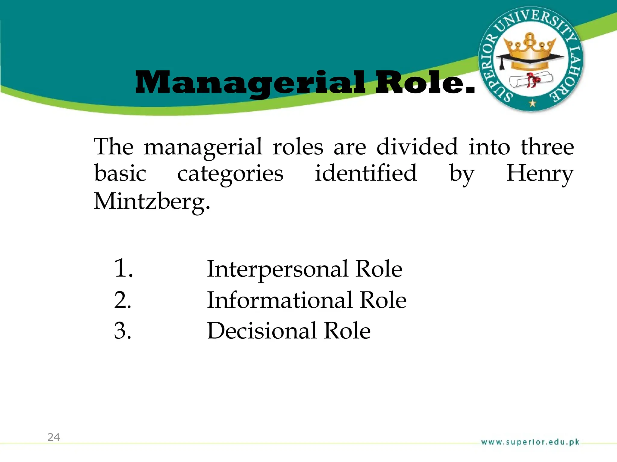 24
Managerial Role.
The managerial roles are divided into three
basic categories identified by Henry
Mintzberg.
1. Interpersonal Role
2. Informational Role
3. Decisional Role
 