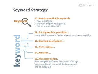 Keyword Strategy
21. Put keywords in your titles...
…and put secondary keywords or synonyms in your subtitles.
20. Research profitable keywords
• Google AdWords
• Microsoft Bing Ads Intelligence
• Twitter Advanced Search
22. And meta descriptions...
23. And headings...
24. And URLs...
25. And image names.
Search engines can’t read the content of images,
so you need to tell them with the image names
and alt image tag.
 