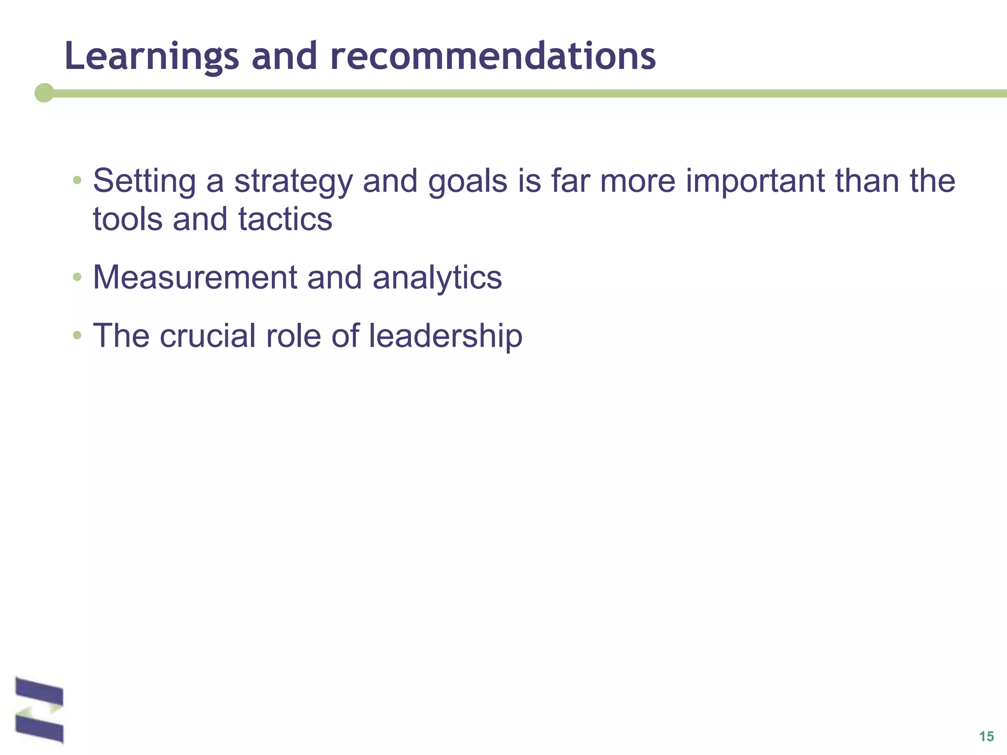 Learnings and recommendationsSetting a strategy and goals is far more important than the tools and tactics Measurement and analyticsThe crucial role of leadership