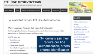 34 journals say they
require cell line
authentication, others
enforce identification
 