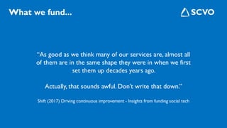What we fund...
“As good as we think many of our services are, almost all
of them are in the same shape they were in when we first
set them up decades years ago.
Actually, that sounds awful. Don’t write that down.”
Shift (2017) Driving continuous improvement - Insights from funding social tech
 