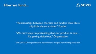 How we fund...
“Relationships between charities and funders look like a
silly little dance at times” Funder
"We can’t keep on pretending that our product is new…
It’s getting ridiculous.” Organisation
Shift (2017) Driving continuous improvement - Insights from funding social tech
 