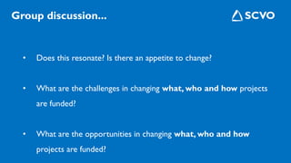 • Does this resonate? Is there an appetite to change?
• What are the challenges in changing what, who and how projects
are funded?
• What are the opportunities in changing what, who and how
projects are funded?
Group discussion...
 
