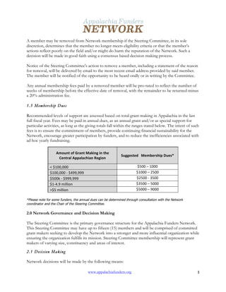  
www.appalachiafunders.org 3	
  
A member may be removed from Network membership if the Steering Committee, in its sole
discretion, determines that the member no longer meets eligibility criteria or that the member’s
actions reflect poorly on the field and/or might do harm the reputation of the Network. Such a
decision will be made in good faith using a consensus based decision making process.
Notice of the Steering Committee's action to remove a member, including a statement of the reason
for removal, will be delivered by email to the most recent email address provided by said member.
The member will be notified of the opportunity to be heard orally or in writing by the Committee.
Any annual membership fees paid by a removed member will be pro-rated to reflect the number of
weeks of membership before the effective date of removal, with the remainder to be returned minus
a 20% administration fee.
1.5 Membership Dues
Recommended levels of support are assessed based on total grant making in Appalachia in the last
full fiscal year. Fees may be paid in annual dues, as an annual grant and/or as special support for
particular activities, as long as the giving totals fall within the ranges stated below. The intent of such
fees is to ensure the commitment of members, provide continuing financial sustainability for the
Network, encourage greater participation by funders, and to reduce the inefficiencies associated with
ad hoc yearly fundraising.
Amount	
  of	
  Grant	
  Making	
  in	
  the	
  
Central	
  Appalachian	
  Region	
  
Suggested	
  	
  	
  Membership	
  Dues*	
  
<	
  $100,000	
   $500	
  –	
  1000	
  
$100,000	
  -­‐	
  $499,999	
   $1000	
  –	
  2500	
  
$500k	
  -­‐	
  $999,999	
   $2500	
  -­‐	
  3500	
  
$1-­‐4.9	
  million	
   $3500	
  –	
  5000	
  
>$5	
  million	
  	
   $5000	
  –	
  9000	
  
*Please note for some funders, the annual dues can be determined through consultation with the Network
coordinator and the Chair of the Steering Committee.
2.0 Network Governance and Decision Making
The Steering Committee is the primary governance structure for the Appalachia Funders Network.
This Steering Committee may have up to fifteen (15) members and will be comprised of committed
grant makers seeking to develop the Network into a stronger and more influential organization while
ensuring the organization fulfills its mission. Steering Committee membership will represent grant
makers of varying size, constituency and areas of interest.
2.1 Decision Making
Network decisions will be made by the following means:
 