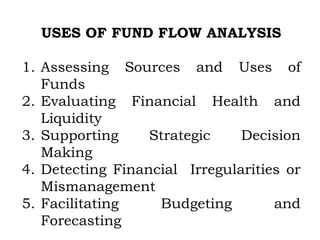 USES OF FUND FLOW ANALYSIS
1. Assessing Sources and Uses of
Funds
2. Evaluating Financial Health and
Liquidity
3. Supporting Strategic Decision
Making
4. Detecting Financial Irregularities or
Mismanagement
5. Facilitating Budgeting and
Forecasting
 