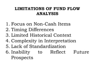LIMITATIONS OF FUND FLOW
ANALYSIS
1. Focus on Non-Cash Items
2. Timing Differences
3. Limited Historical Context
4. Complexity in Interpretation
5. Lack of Standardization
6. Inability to Reflect Future
Prospects
 