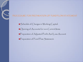 Schedule of Changes in Working Capital.
Opening of Accounts for non-Current Items
Preparation of Adjusted Profit And Loss Account
Preparation of Fund Flow Statement.
PROCEDURE FOR PREPARATION OF FUND FLOW STATEMENT
 