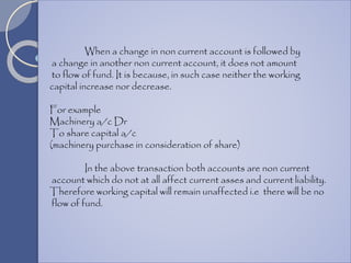 When a change in non current account is followed by
a change in another non current account, it does not amount
to flow of fund. It is because, in such case neither the working
capital increase nor decrease.
For example
Machinery a/c Dr
To share capital a/c
(machinery purchase in consideration of share)
In the above transaction both accounts are non current
account which do not at all affect current asses and current liability.
Therefore working capital will remain unaffected i.e there will be no
flow of fund.
 
