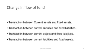 Change in flow of fund
• Transaction between Current assets and fixed assets.
• Transaction between current liabilities and fixed liabilities.
• Transaction between current assets and fixed liabilities.
• Transaction between current liabilities and fixed assets.
FUND FLOW STATEMENT 10
 