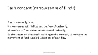 Cash concept (narrow sense of funds)
Fund means only cash.
It is concerned with inflow and outflow of cash only.
Movement of fund means movement of cash only.
So the statement prepared according to this concept, to measure the
movement of fund is called statement of cash flow
FUND FLOW STATEMENT 5
 