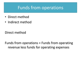 Funds from operationsDirect methodIndirect methodDirect methodFunds from operations = Funds from operating revenue less funds for operating expenses