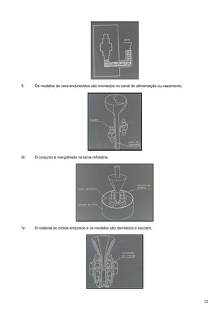 12
II. Os modelos de cera endurecidos são montados no canal de alimentação ou vazamento;
III. O conjunto é mergulhado na lama refratária;
IV. O material do molde endurece e os modelos são derretidos e escoam;
 