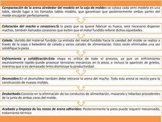Compactación de la arena alrededor del modelo en la caja de moldeo:se coloca cada semi modelo en una
tabla, dando lugar a las llamadas tablas modelo, que garantizan que posteriormente ambas partes del
molde encajarán perfectamente.
Colocación del macho o corazones:Si la pieza que se quiere fabricar es hueca, será necesario disponer
machos, también llamados corazones que eviten que el metal fundido rellene dichas oquedades.
Colada. Vertido del material fundido.:La entrada del metal fundido hacia la cavidad del molde se realiza a
través de la copa o bebedero de colada y varios canales de alimentación. Estos serán eliminados una vez
solidifique la pieza
Enfriamiento y solidificación:Esta etapa es crítica de todo el proceso, ya que un enfriamiento
excesivamente rápido puede provocar tensiones mecánicas en la pieza, e incluso la aparición de grietas,
mientras que si es demasiado lento disminuye la productividad.

Desmoldeo:En el desmoldeo también debe retirarse la arena del macho. Toda esta arena se recicla para la
construcción de nuevos moldes.
Desbarbado:Consiste en la eliminación de los conductos de alimentación, mazarota y rebarbas procedentes
de la junta de ambas caras del molde.
Acabado y limpieza de los restos de arena adheridos: Posteriormente la pieza puede requerir mecanizado,
tratamiento térmico

 