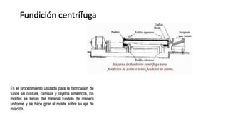 Fundición centrífuga
Es el procedimiento utilizado para la fabricación de
tubos sin costura, camisas y objetos simétricos, los
moldes se llenan del material fundido de manera
uniforme y se hace girar al molde sobre su eje de
rotación.
 