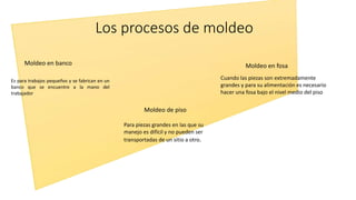 Los procesos de moldeo
Moldeo en banco
Es para trabajos pequeños y se fabrican en un
banco que se encuentre a la mano del
trabajador
Moldeo de piso
Moldeo en fosa
Para piezas grandes en las que su
manejo es difícil y no pueden ser
transportadas de un sitio a otro.
Cuando las piezas son extremadamente
grandes y para su alimentación es necesario
hacer una fosa bajo el nivel medio del piso
 