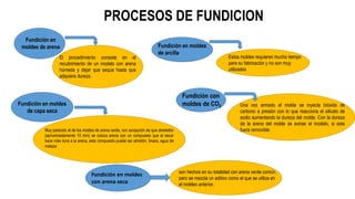 PROCESOS DE FUNDICION
Fundición en
moldes de arena
El procedimiento consiste en el
recubrimiento de un modelo con arena
húmeda y dejar que seque hasta que
adquiera dureza.
Fundición en moldes
de capa seca
Muy parecido al de los moldes de arena verde, con excepción de que alrededor
(aproximadamente 10 mm) se coloca arena con un compuesto que al secar
hace más dura a la arena, este compuesto puede ser almidón, linaza, agua de
melaza
Fundición en moldes
con arena seca
son hechos en su totalidad con arena verde común,
pero se mezcla un aditivo como el que se utiliza en
el moldeo anterior.
Fundición en moldes
de arcilla
Estos moldes requieren mucho tiempo
para su fabricación y no son muy
utilizados
Fundición con
moldes de CO2 Una vez armado el molde se inyecta bióxido de
carbono a presión con lo que reacciona el silicato de
sodio aumentando la dureza del molde. Con la dureza
de la arena del molde se extrae el modelo, si este
fuera removible.
 