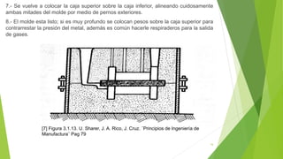 16
7.- Se vuelve a colocar la caja superior sobre la caja inferior, alineando cuidosamente
ambas mitades del molde por medio de pernos exteriores.
8.- El molde esta listo; si es muy profundo se colocan pesos sobre la caja superior para
contrarrestar la presión del metal, además es común hacerle respiraderos para la salida
de gases.
[7] Figura 3.1.13. U. Sharer, J. A. Rico, J. Cruz. ¨Principios de Ingeniería de
Manufactura¨ Pag 79
 