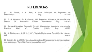 REFERENCIAS
[1] U. Sharer, J. A. Rico, J. Cruz. Principios de Ingenieria de
Manufactura. Pág. 67-100
[2] B. H. Amstead, Ph. F. Ostwald, M:L Begeman. Procesos de Manufactura.
versión Si, compañía Editora Continental. Pág. 110-145
[3] Serope Kalpakjian, Steven R. Schmid, Manufactura Ingenieria y tecnología,
Prentice Hall, 4ª. Edición (2002), Pág. 1-1152.
[4] A. Biedermann, L. M. H.(1957). Tratado Moderno de Fundición del Hierro y
del acero.
[5] Beltrán, G. M. (2010). “Investigación sobre el Procesamiento de los metales y
sus aleaciones." from http://www.monografias.com/.
32
 