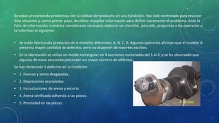 Se están presentando problemas con la calidad del producto en una fundición. Has sido contratado para resolver
ésta situac...