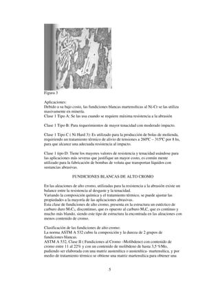 5
Figura 3
Aplicaciones:
Debido a su bajo costo, las fundiciones blancas martensíticas al Ni-Cr se las utiliza
masivamente en minería.
Clase 1 Tipo A: Se las usa cuando se requiere máxima resistencia a la abrasión
Clase 1 Tipo B: Para requerimientos de mayor tenacidad con moderado impacto.
Clase 1 Tipo C ( Ni Hard 3): Es utilizado para la producción de bolas de molienda,
requiriendo un tratamiento térmico de alivio de tensiones a 260ºC – 315ºC por 8 hs,
para que alcance una adecuada resistencia al impacto.
Clase 1 tipo D: Tiene los mayores valores de resistencia y tenacidad usándose para
las aplicaciones más severas que justifique un mayor costo, es común mente
utilizado para la fabricación de bombas de voluta que transportan líquidos con
sustancias abrasivas.
FUNDICIONES BLANCAS DE ALTO CROMO
En las aleaciones de alto cromo, utilizadas para la resistencia a la abrasión existe un
balance entre la resistencia al desgaste y la tenacidad.
Variando la composición química y el tratamiento térmico, se puede ajustar las
propiedades a la mayoría de las aplicaciones abrasivas.
Esta clase de fundiciones de alto cromo, presenta en la estructura un eutéctico de
carburo duro M7C3, discontinuo, que es opuesto al carburo M3C, que es continuo y
mucho más blando, siendo este tipo de estructura la encontrada en las aleaciones con
menos contenido de cromo.
Clasificación de las fundiciones de alto cromo:
La norma ASTM A 532 cubre la composición y la dureza de 2 grupos de
fundiciones blancas.
ASTM A 532, Clase II ( Fundiciones al Cromo –Molibdeno) con contenido de
cromo entre 11 al 22% y con un contenido de molibdeno de hasta 3,5 %Mo,
pudiendo ser elaborada con una matriz austenítica o austenítica- martensítica, y por
medio de tratamiento térmico se obtiene una matriz martensítica para obtener una
 